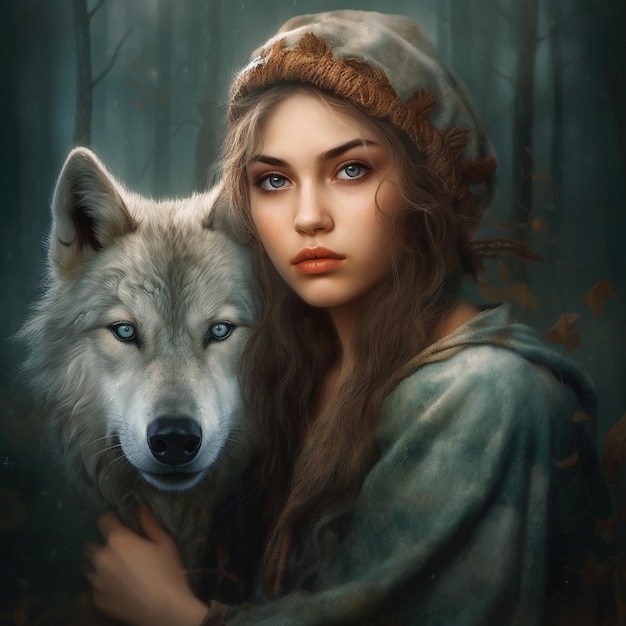 A woman with a wolf on her head is holding a wolf