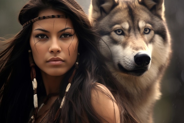 a woman with a wolf and a wolf