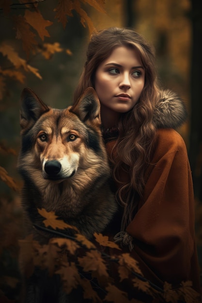 A woman with a wolf in the woods