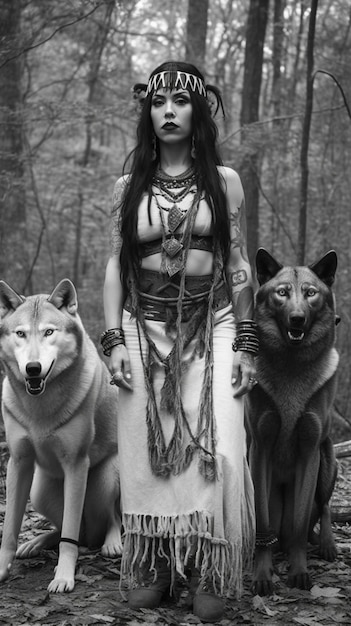 A woman with wolves in the woods.