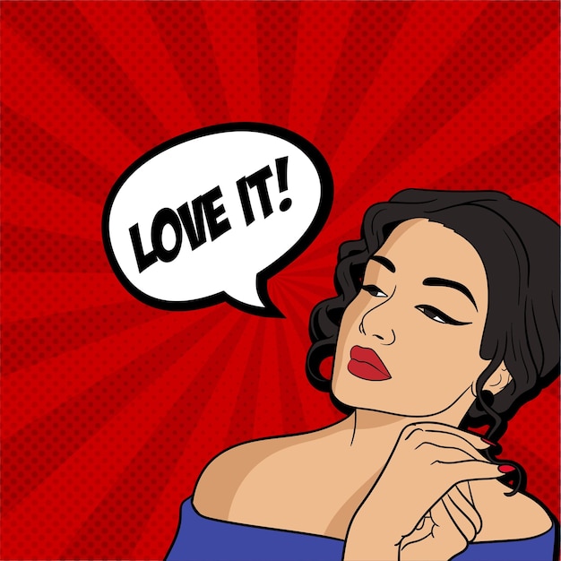A woman with the word love on her face is in a comic book style.