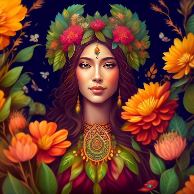 머리에 화환을 쓴 여자가 꽃에 둘러싸여 있다.