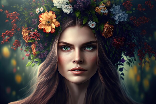 Woman with wreath of flowers on her head spring beauty portrait natural makeup