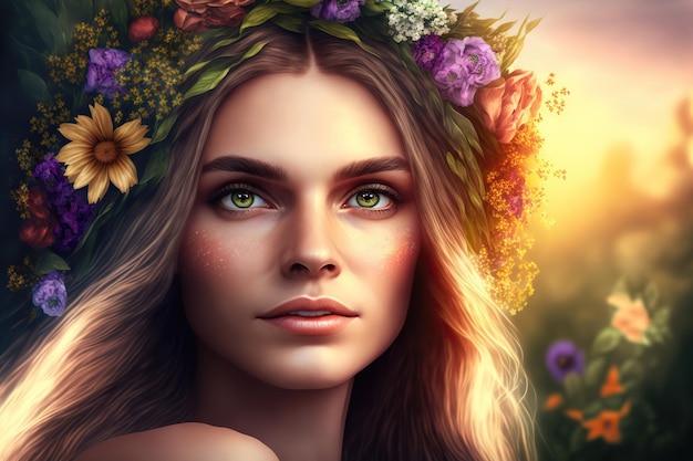 Woman with wreath of flowers on her head spring beauty portrait natural makeup