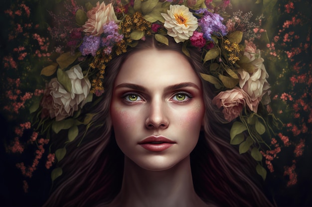 Woman with wreath of flowers on her head spring beauty portrait natural makeup