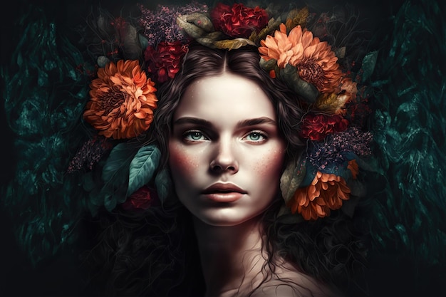 Woman with wreath of flowers on her head spring beauty portrait natural makeup