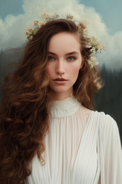 A woman with a wreath of flowers on her head