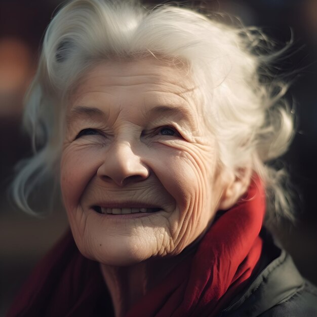 A woman with wrinkles on her face and a red scarf.