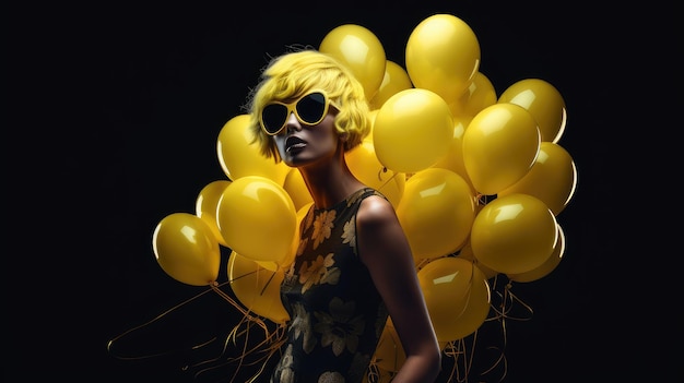 A woman with yellow balloons in the background