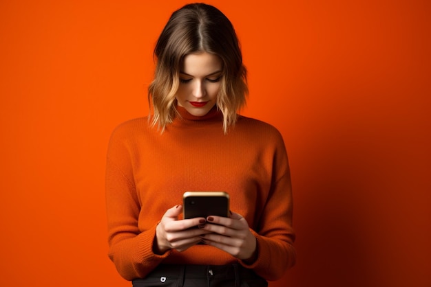 Woman with yellow blouse in a yellow background looking at the phone and smiling