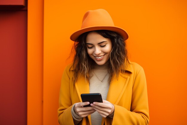 Woman with yellow blouse in a yellow background looking at the phone and smiling