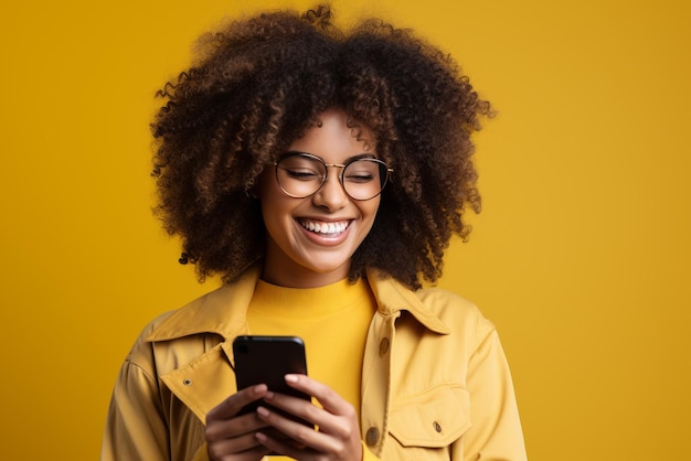 Woman with yellow blouse in a yellow background looking at the phone and smiling
