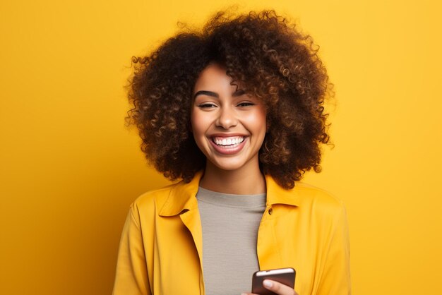 Woman with yellow blouse in a yellow background looking at the phone