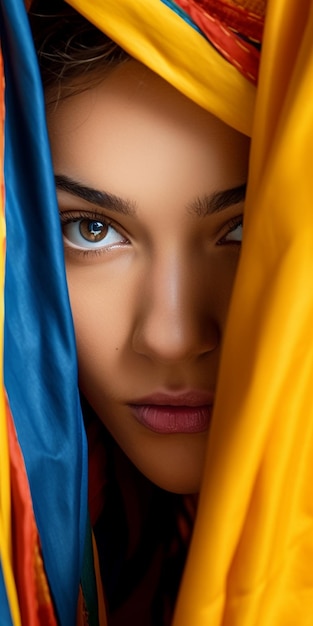 A woman with a yellow and blue curtain