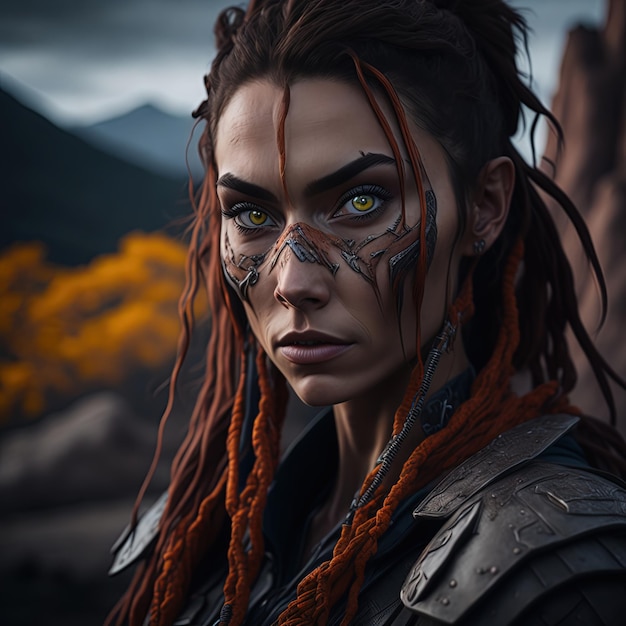 A woman with yellow eyes and a blue eye with a mountain in the background