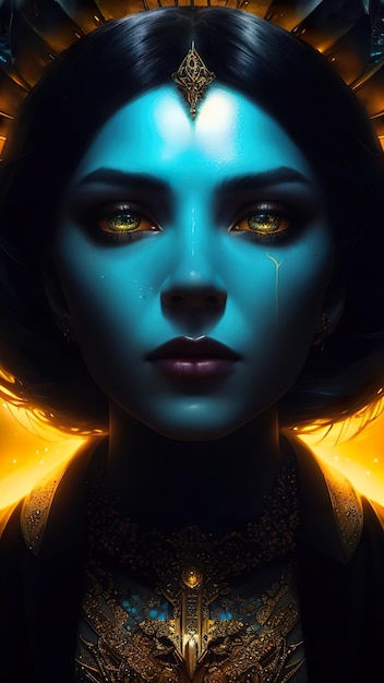 A woman with yellow eyes and a yellow background with the word fire on it.