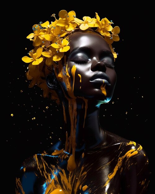 A woman with yellow flowers on her face