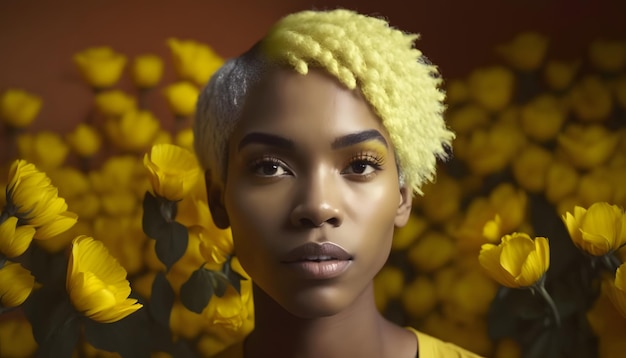 A woman with yellow flowers in her hair