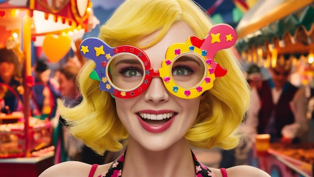 Женщина с желтыми волосами и карнавальными очками