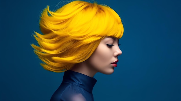 A woman with a yellow haircut is shown in front of a blue background.