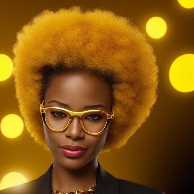 A woman with a yellow hairdo wearing glasses