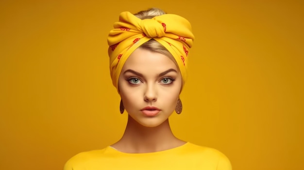 A woman with a yellow head scarf on her head