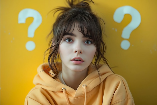 A woman with a yellow hoodie is looking at two question marks