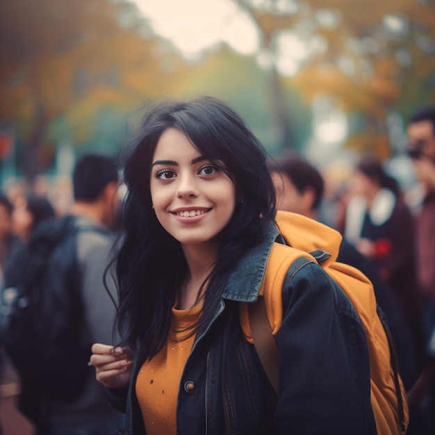 Photo a woman with a yellow jacket on her back