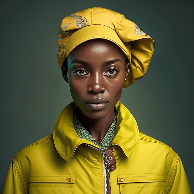 黄色いジャケットと黄色い帽子をかぶった女性が写真を撮っています。