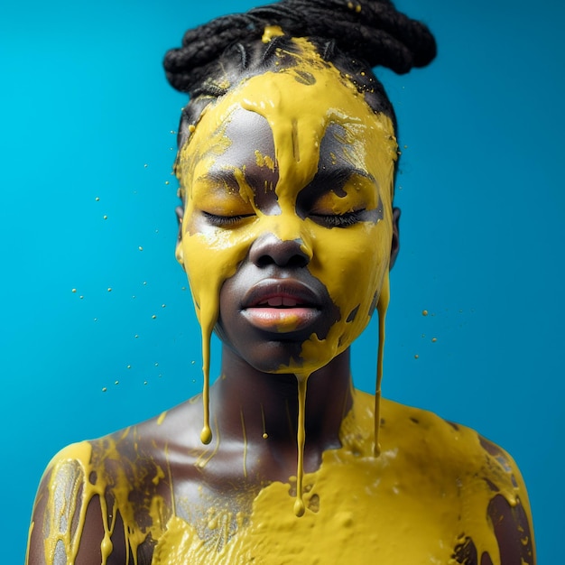 A woman with yellow paint on her face and her eyes covered in paint