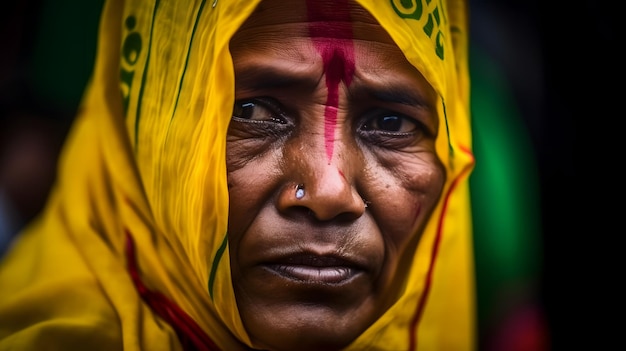 A woman with a yellow scarf on her head looks into the camera.