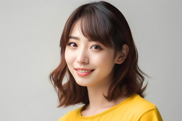 A woman with a yellow shirt and bangs smiles at the camera.