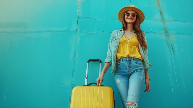 a woman with a yellow shirt and blue jeans is holding a yellow suitcase