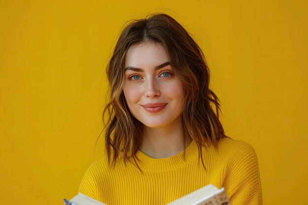 a woman with a yellow shirt reading a book