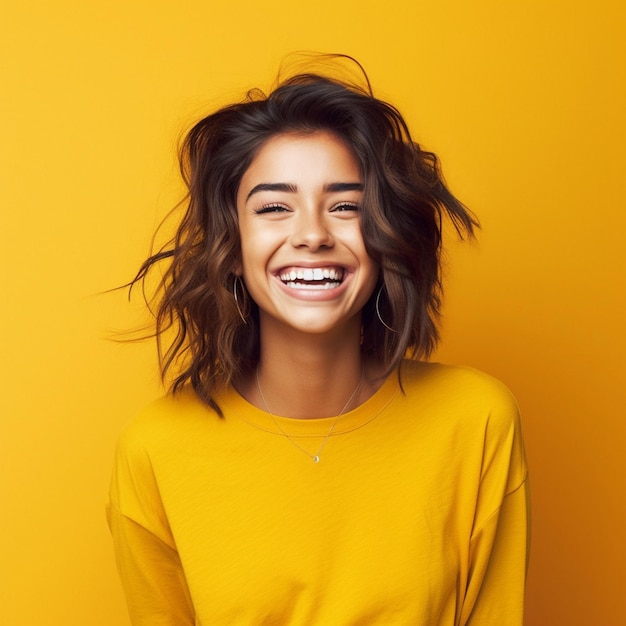 a woman with a yellow shirt that says " she's smiling ".