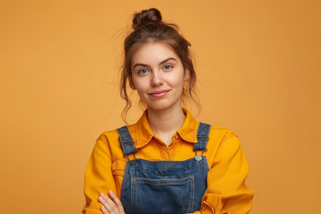 Photo a woman with a yellow shirt with smile on her face