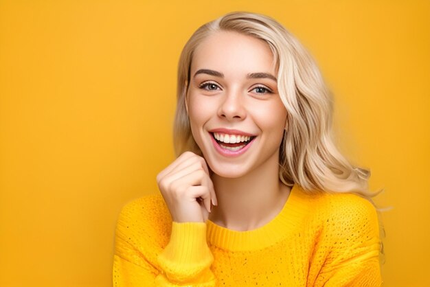 A woman with a yellow sweater smiles