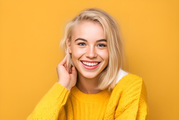 A woman with a yellow sweater smiles