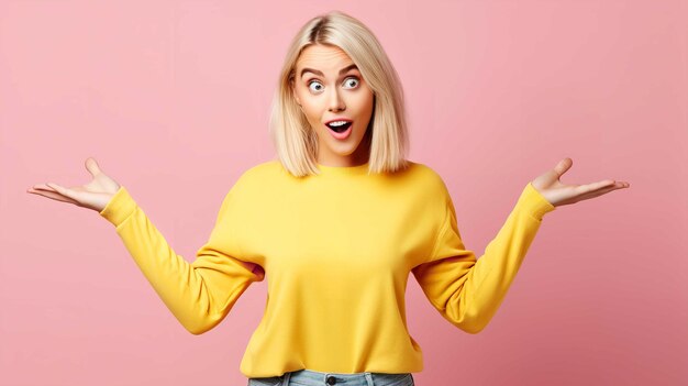 A woman with a yellow sweater and a yellow sweater holds her hands up in the air.