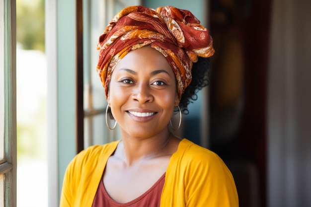 Woman with yellow top and red scarf on her head