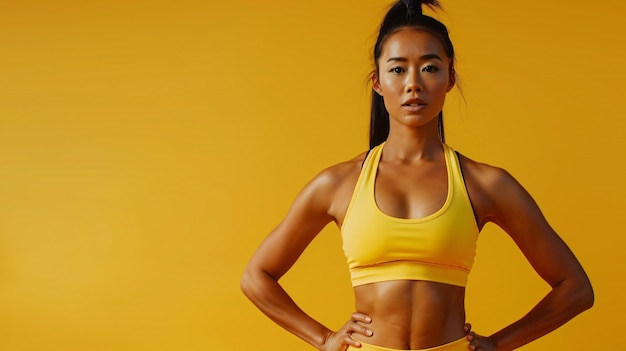 a woman with a yellow top and a yellow top with the word  adidas  on it