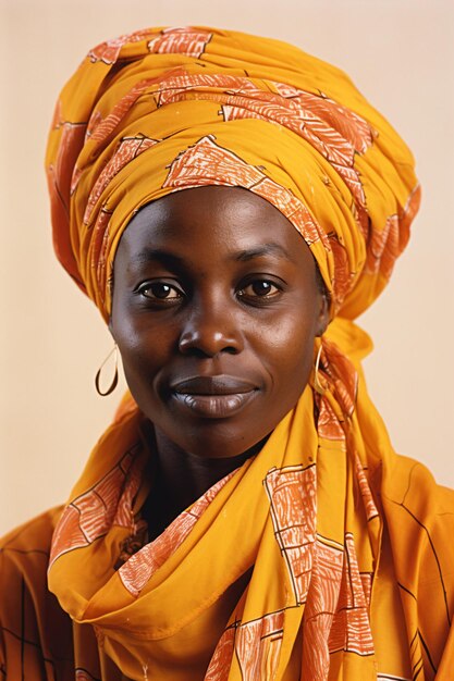 Photo a woman with a yellow turban and a red scarf