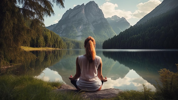Женщина с ковриком для йоги расслабляется от парка до гор, созданных ИИ