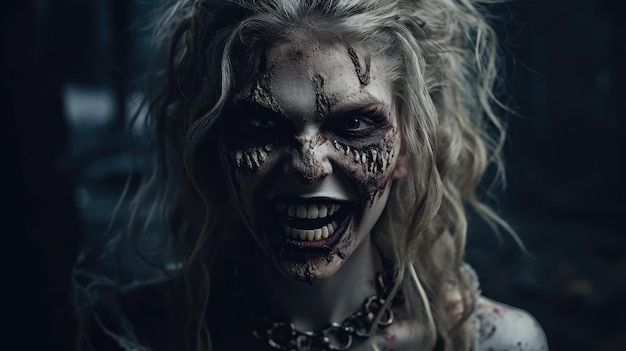 A woman with a zombie face in a dark room