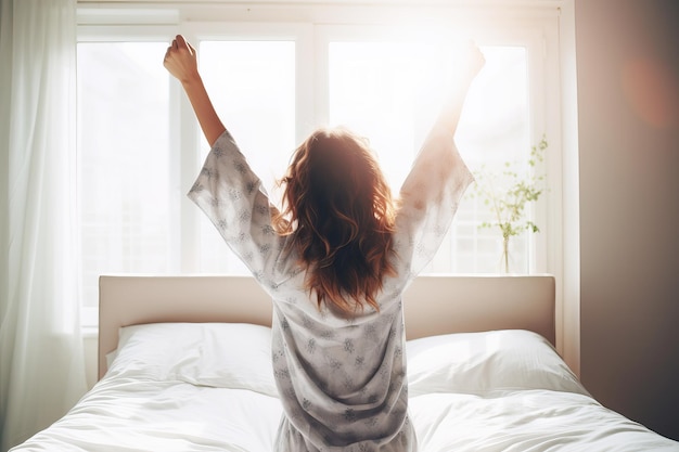 Woman woke up on the bed and her lifted both arms