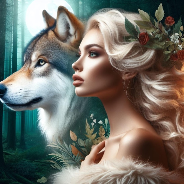 Photo a woman and wolf 6