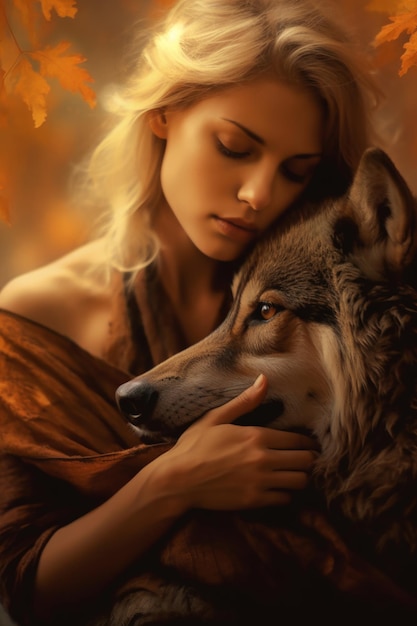 A woman and a wolf are hugging each other.