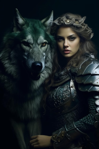 A woman and a wolf are standing in the dark.