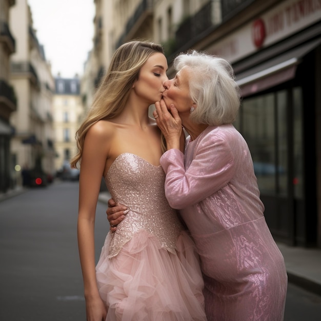 Photo a woman and a woman are kissing each other in front of a store.