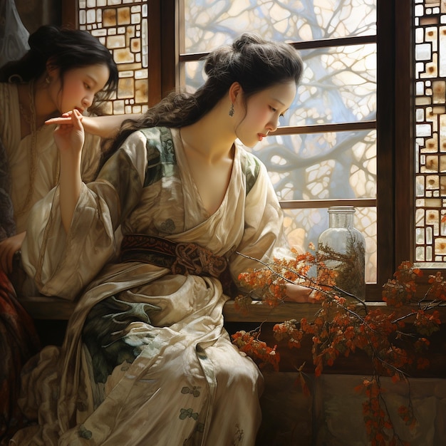 a woman and a woman sit in front of a window with a flower pot and a woman looking at it.